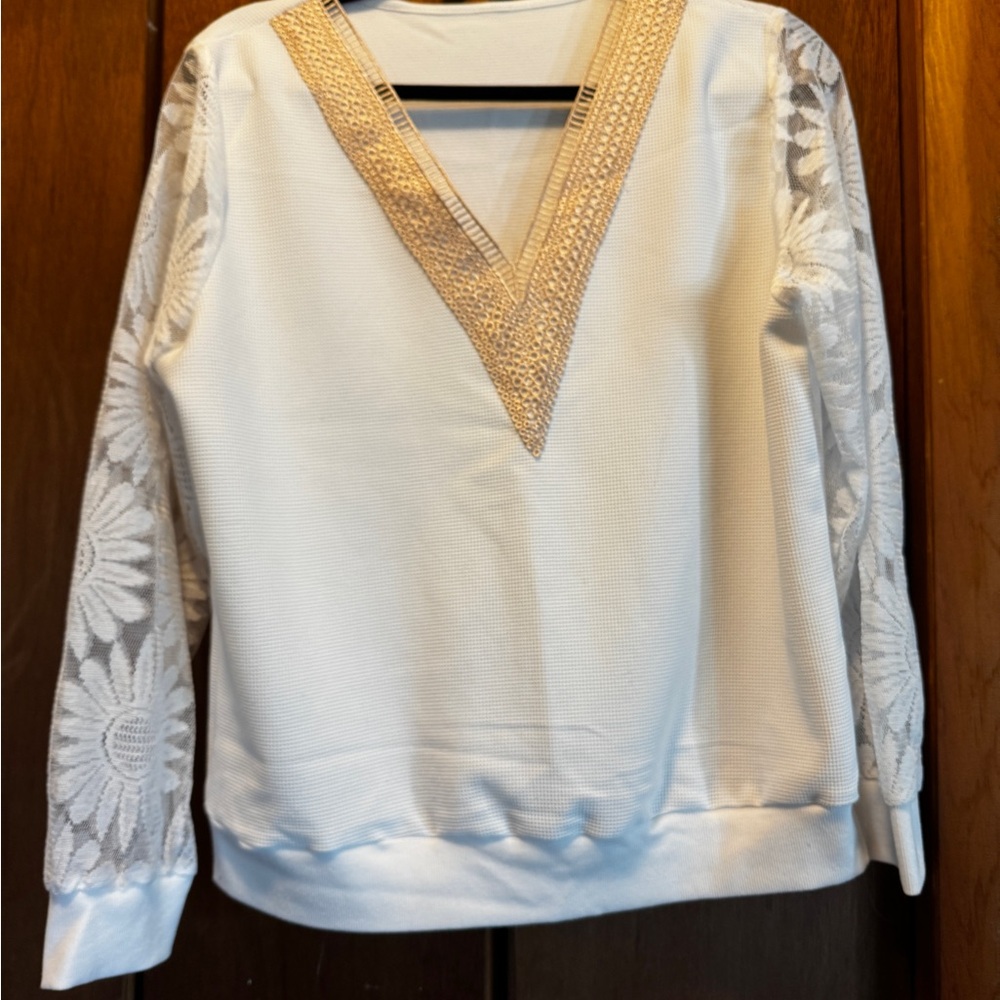 White Lace Sleeve V-Neck Shirt
